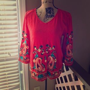 Multiples Red 3/4 Sleeve Embroidered Shirt Boho